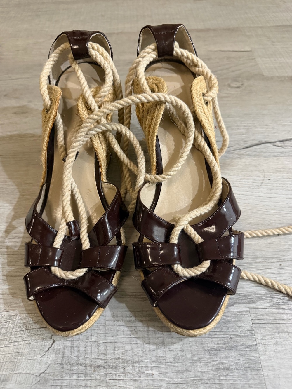 Colin Stuart Brown Patent Rope-Wrap Espadrille Sandals